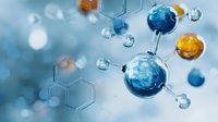 Molecular structure with colorful spheres and hexagonal chemical bonds floating in blue scientific background for research and education materials.
