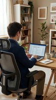 Professional businessman working on laptop in modern home office with plants and wooden furniture for remote work productivity.