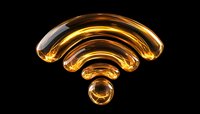 Glowing golden wifi symbol on black background, luminous wireless internet connection icon with glossy metallic effect and light reflections.
