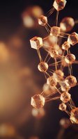 Golden molecular structure with interconnected atoms and bonds on warm blurred background for scientific research and chemistry education presentations.