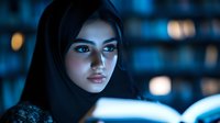 Young Middle Eastern woman in hijab reading book at night, illuminated by soft blue light. Atmospheric portrait captures focused expression and cultural identity.