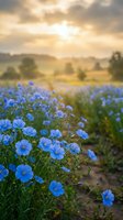 Blue flax flowers blooming in countryside field during golden hour sunset with rolling hills and dramatic cloudy sky in background for nature photography.