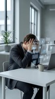 Stressed businessman holding head in hands at office desk with holographic data interface displaying charts and analytics in modern workspace.