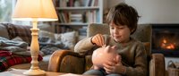Young boy with brown hair, Caucasian ethnicity, sitting in armchair holding piggy bank in cozy living room with fireplace and lamp. Financial education concept.