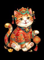 Decorative lucky cat wearing ornate red and gold traditional costume with jeweled crown, holding golden coin and charm, isolated on transparent background ready for t-shirts, stickers, clipart and print-on-demand designs.