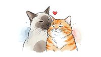 Two adorable cats showing affection with heart symbol, siamese and orange tabby feline friendship illustration on white background for pet lovers.