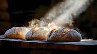 Fresh crusty bread loaves steaming on wooden board with dramatic lighting, artisanal baking atmosphere creates appetizing rustic food photography.