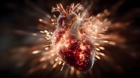 Glowing human heart with radiant light beams and sparkling effects on dark background for medical education and healthcare concepts.