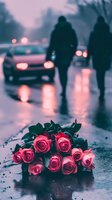 Pink roses lying on wet asphalt with silhouettes of people and car in blurred background. Moody atmospheric evening scene with bokeh lights reflecting on rainy surface.