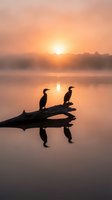 Two cormorants perched on a fallen log at sunrise over misty water, their silhouettes reflected below. Ideal for nature, wildlife, and serene landscape projects.