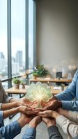 Diverse team of professionals holding glowing lotus flower together in modern office with city skyline view, symbolizing unity, collaboration, growth, and shared vision for business success.