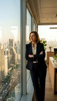 Confident businesswoman in formal attire standing by floor-to-ceiling windows in high-rise office overlooking cityscape, arms crossed, suitable for corporate, leadership, and professional business concepts.