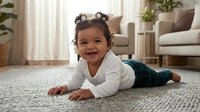 Happy mixed-race toddler girl with curly hair lying on carpet in modern living room, smiling at camera during tummy time play at home.