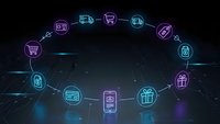Digital commerce ecosystem with glowing neon icons in circular formation showing online shopping, delivery, payment and security elements on dark tech background.