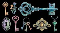 Ornate vintage keys collection isolated on transparent background, featuring decorative skeleton keys and ornamental key designs in gold, teal, purple and pink. Ready for clipart, t-shirt design, stickers, sublimation and print-on-demand projects.