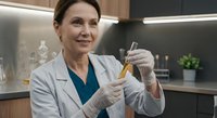 Caucasian middle-aged female scientist in white lab coat holds test tube with yellow liquid, smiling in modern laboratory setting.
