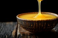Golden honey dripping into rustic wooden bowl on dark background. Natural sweetener flowing in smooth stream for culinary and wellness applications.