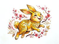 Golden rabbit with ornate patterns leaping among pink cherry blossoms and decorative flourishes. Isolated illustration suitable for children's designs, textiles, and festive applications.