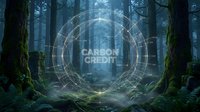 Mystical forest with glowing carbon credit hologram circle among moss-covered trees in misty woodland for environmental sustainability concepts.