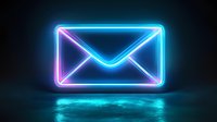 Glowing neon mail envelope icon with blue and pink light effect floating above reflective surface against dark background, modern digital communication concept.