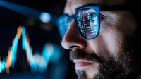 Young bearded man analyzing financial data charts on computer screen with code reflection in glasses for trading and investment analysis.