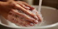 Person washing hands with soap and water in white basin, proper hygiene technique with lather and bubbles for health and cleanliness prevention.
