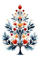 Decorative folk art tree with red and orange hearts, flowers and berries against white background. Symmetrical floral composition with navy blue leaves. Isolated design.