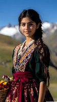 Young woman in traditional alpine folk dress with embroidered details and burgundy apron holds wildflower basket against mountain backdrop. Natural outdoor portrait lighting.