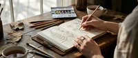Young woman drawing botanical sketches in a journal at a rustic wooden desk with watercolors, pencils, and tea cups nearby.