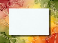 Blank white card on colorful watercolor background with kitchen utensils and herbs for culinary design projects and cooking content creation.