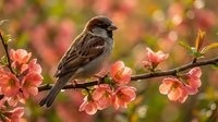 Sparrow perched on a blooming branch with soft pink spring flowers, warm bokeh background, nature wildlife scene.