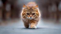 Adorable orange tabby kitten with fluffy fur walking forward on concrete surface with soft blurred background for pet care and animal lover content.