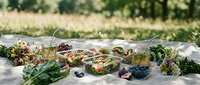 Outdoor picnic spread with fresh salads, fruits and healthy food on white blanket in sunny garden setting for summer dining and leisure activities.