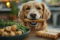 Golden retriever holding bone in mouth at dinner table with food and bread, showing playful expression and begging behavior while family eats meal.