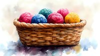 Colorful yarn balls in woven basket against watercolor background. Vibrant wool skeins for knitting and crochet projects arranged in rustic wicker container.