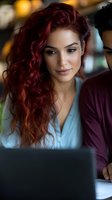 Young woman with curly red hair working on laptop in modern office environment with colleague, professional business teamwork and collaboration.
