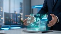 Business professional using laptop with holographic digital icons displaying global communication, data analytics and technology solutions in modern office.
