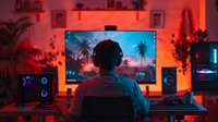 Young Asian male gamer in headphones sitting at gaming setup with multiple monitors, illuminated by vibrant red and blue LED lighting in modern home office space.