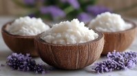 Aromatic coconut scrub in natural coconut shell bowls with fresh lavender flowers on wooden surface, perfect for spa treatments and skincare routines.