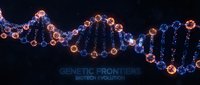 Glowing DNA helix with orange and blue neon particles on dark background, representing genetic research, biotechnology, and scientific innovation for medical and educational use.