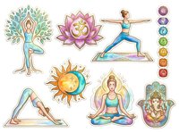 Yoga and meditation clipart set with isolated hand-drawn elements including female yogi in various poses, lotus flowers, chakra symbols, sun moon design, and hamsa hand on transparent background. Ready for wellness design projects, t-shirts, and spiritual graphics.