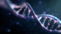 Glowing DNA strand helix structure with purple and blue illumination on dark background, genetic research concept for medical and scientific visualization.