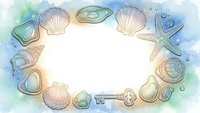 Watercolor seashells frame with starfish and vintage key creating oval border on white background for summer beach design projects and coastal decorations.