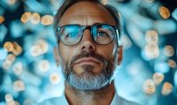 Mature bearded man in glasses looking up thoughtfully against blurred turquoise background with golden bokeh lights, close-up portrait in contemporary style.