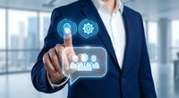 Business professional touching digital interface with team management icons in modern office environment for corporate technology solutions.