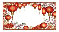 Red Chinese lanterns and cherry blossoms frame with traditional ornaments on white background for lunar new year celebration and festival decorations.