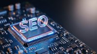 SEO text on computer processor chip with circuit board background representing search engine optimization technology and digital marketing concepts.