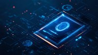 Futuristic microprocessor with glowing blue circuit elements and digital interface displays advanced computing technology on dark background.