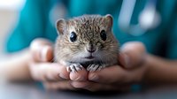 Adorable gerbil or hamster pet sitting in caring hands against blurred turquoise background, close up portrait of small rodent with cute expression and whiskers.
