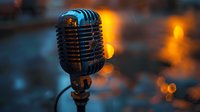 Vintage style microphone on dark background with orange bokeh lights creating atmospheric mood for music or podcast recording studio setup.